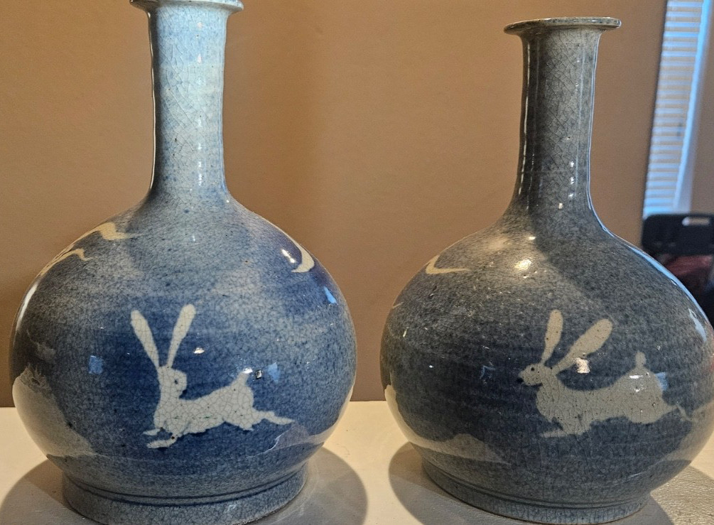 Vintage Japanese Moon Rabbit Blue Crackle Glaze Tokkuri Sake Vases - Pair