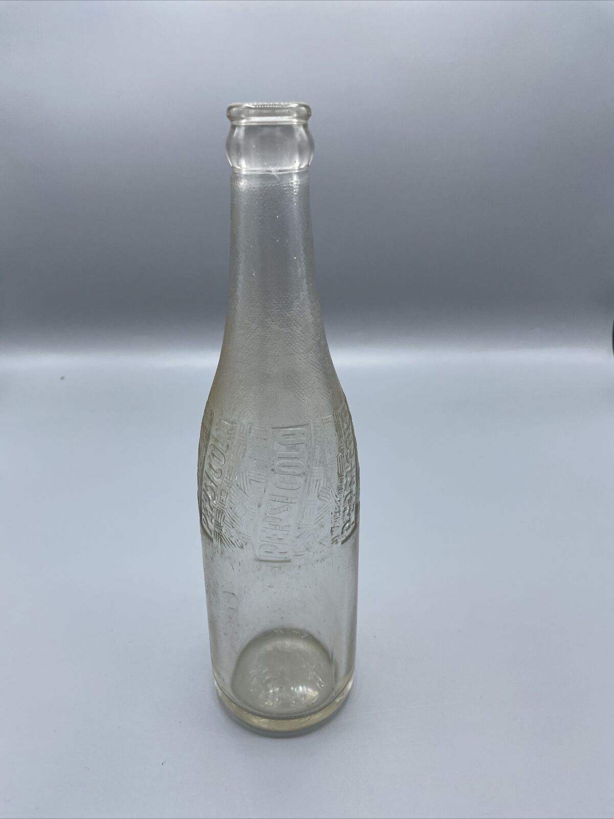 Vintage Embossed Label Pepsi Cola Glass Bottle - Clear Soda Pop Antique 1940's