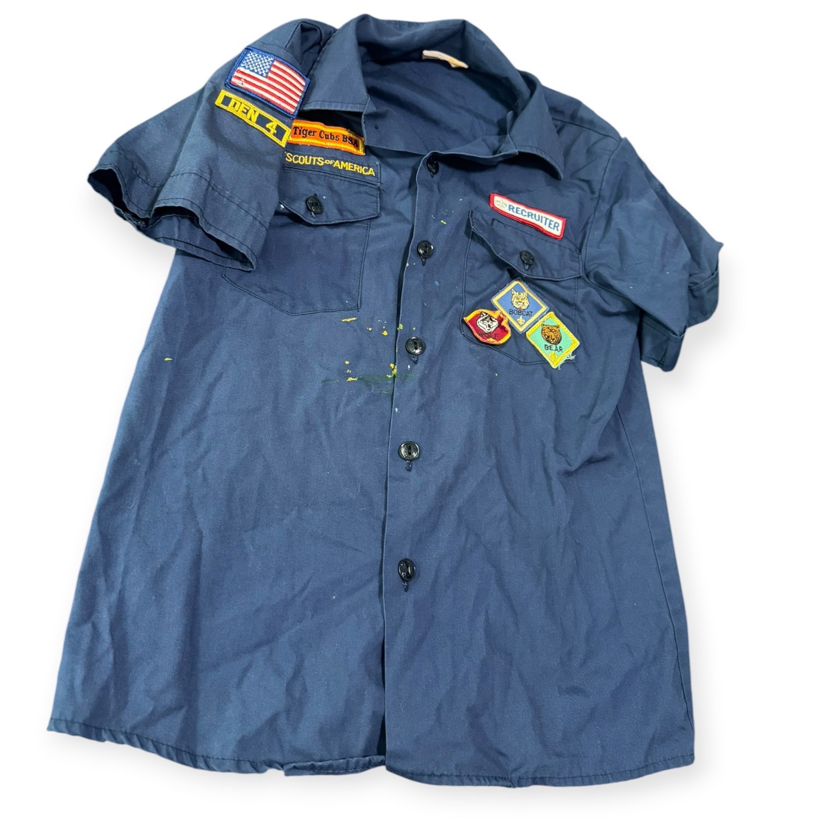 VTG Boy Scouts of America Cub Scout Uniform Shirt Patches Bobcat Distressed SzYM