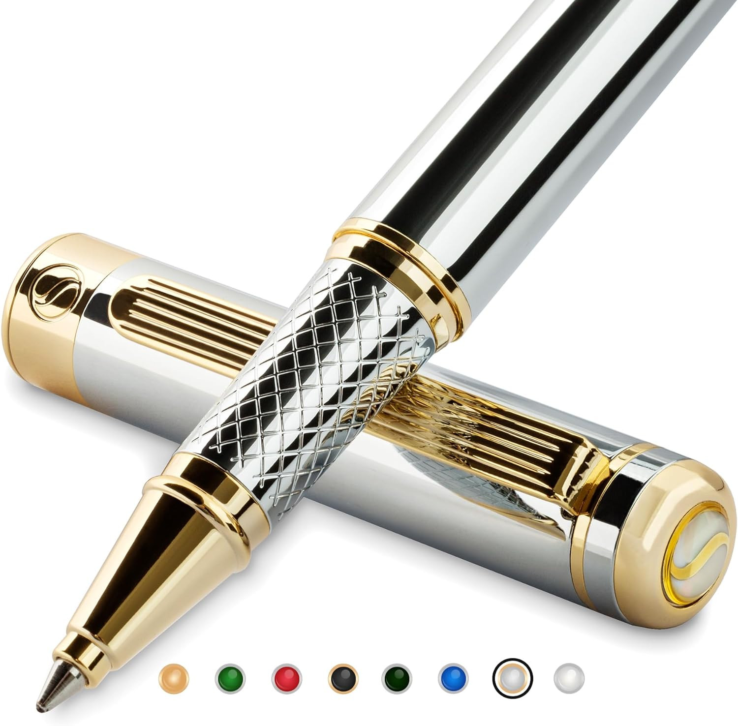 Scriveiner Silver Chrome Rollerball Pen - Stunning Luxury Pen, Real Gold Plating