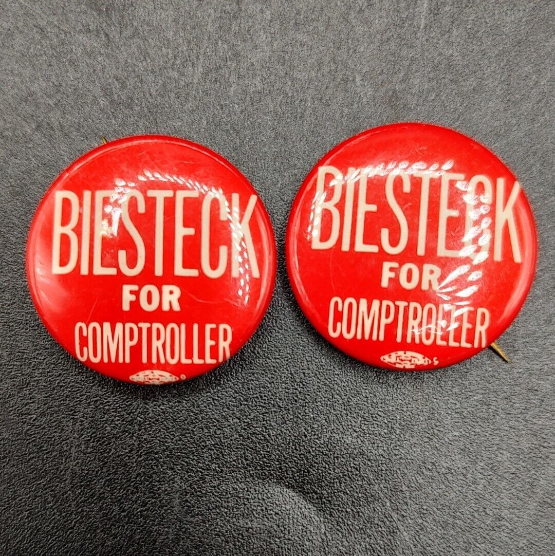 2 Vtg Biesteck For Comptroller Pin Back Button