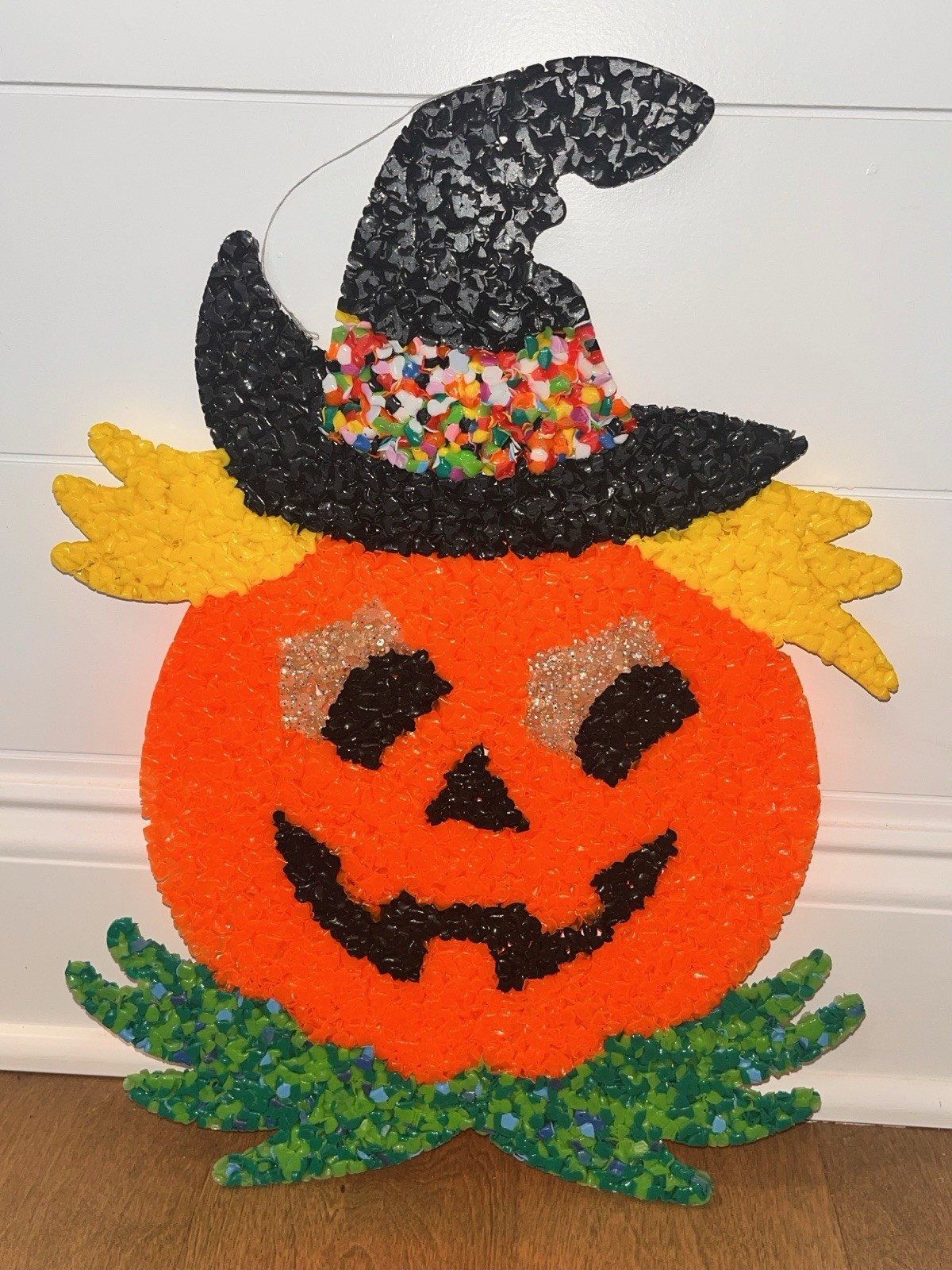 Vintage Melted Plastic Popcorn Halloween Jack O Lantern Wall Decor 16” X 12”
