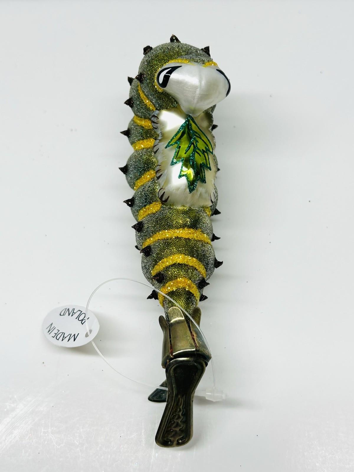 MIA Poland Glass Caterpillar Clip On Christmas Ornament Yellow Green Leaf Tag