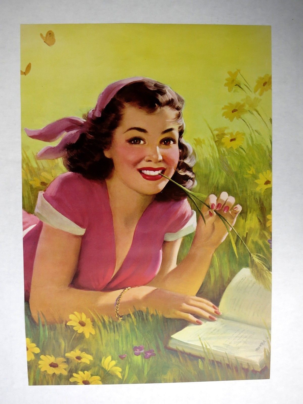 1950s Pinup Girl Picture Girl Young Lady Reading Book in Daisy Field by Frahm