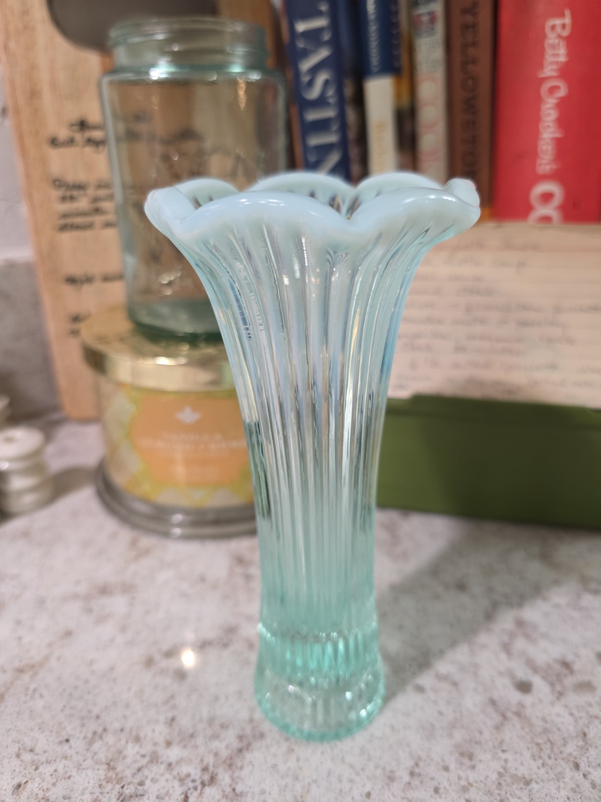 Vintage 1936-38 Fenton Sheffield Aquamarine Blue Ruffled Edge Bud Vase 6.5 Vintage 1936-38 Fenton Sheffield Aquamarine Blue Ruffled Edge Bud Vase 6.5