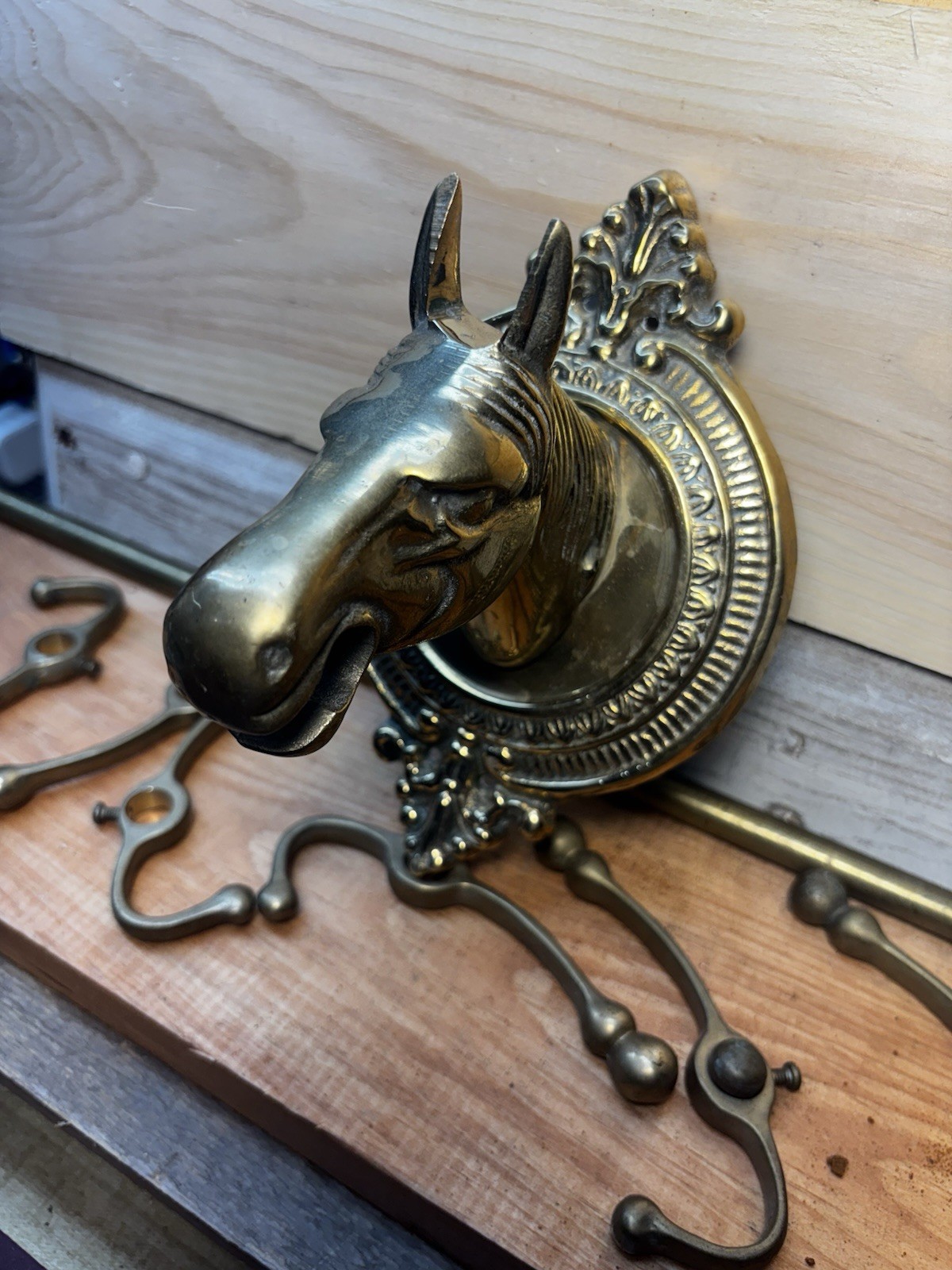 Vintage Mid 19th C Brass Horse Head Coat Rack 5 Hook Wall Hat Rack Equestrian