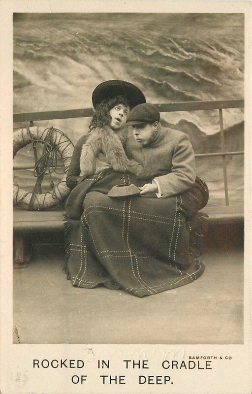 1907 Steamship Seasick Humor Couple Wishing anywhere but the Boat RPPC 6178