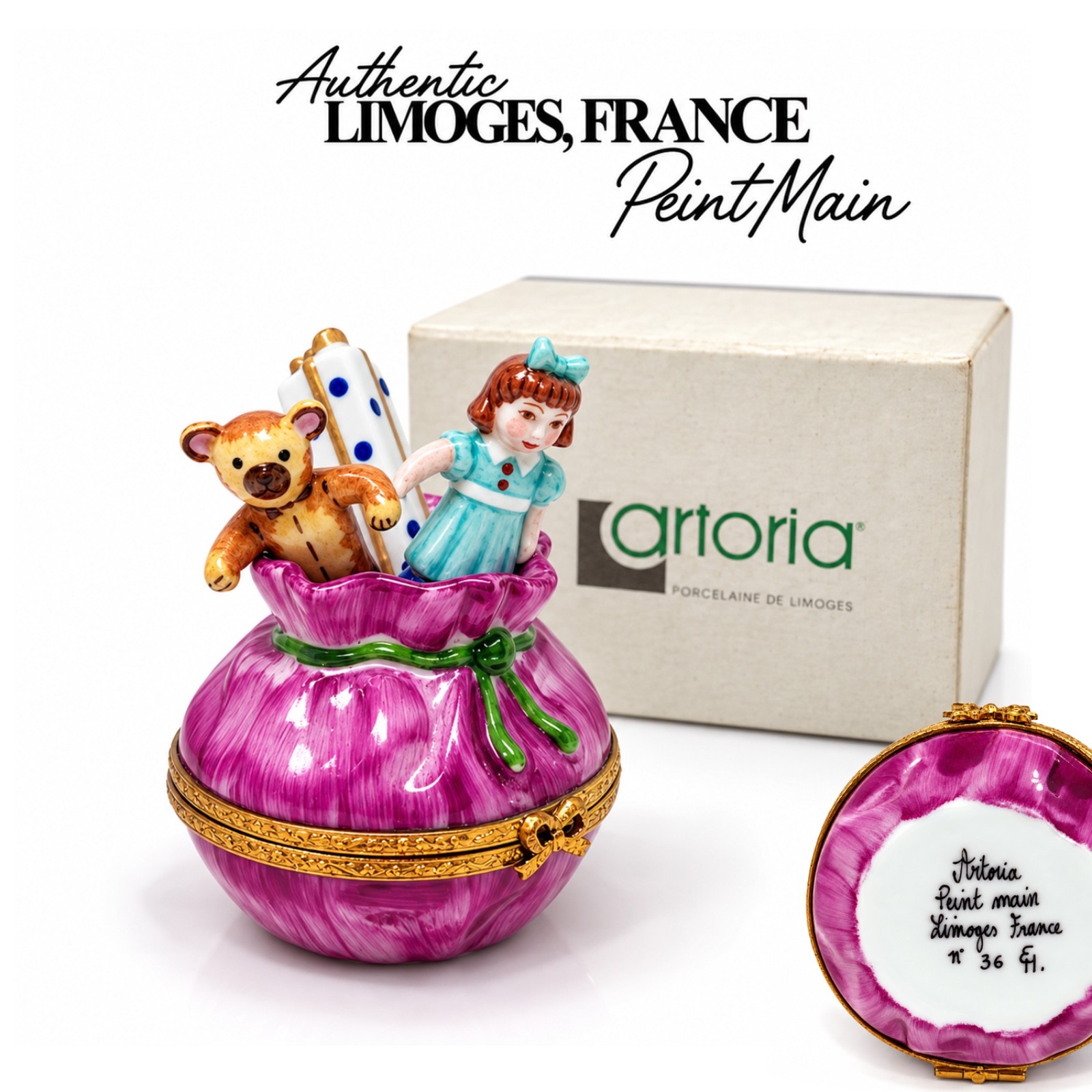 RARE Limoges Artoria Peint Main France Toy Sack Teddy Doll Gift Trinket Box