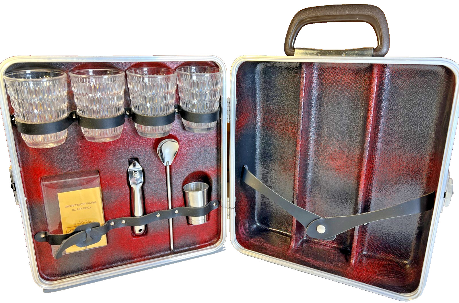 Vintage Ever-Wear Portable Travel Bar Complete w Key Glasses Jigger Chicago MCM