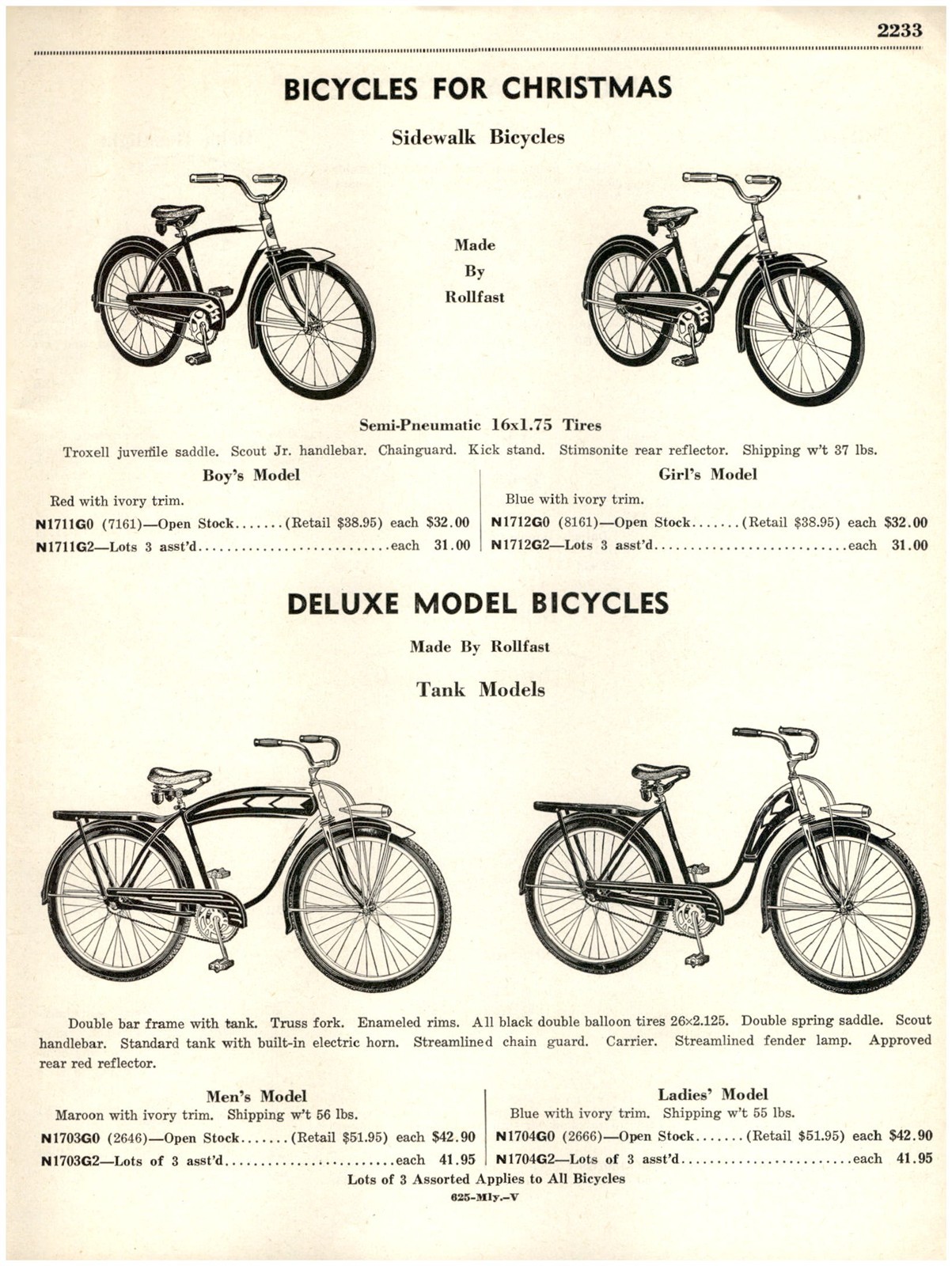 1952 PAPER AD Toy Rollfast Men\'s Bicycle Tank Headlight Luggage Rack 