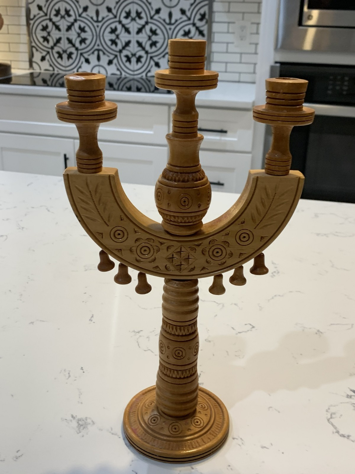 Vintage Ukrainian Hutsul Hand Carved Wooden Trinity Candelabra Folk Art 3-Candle