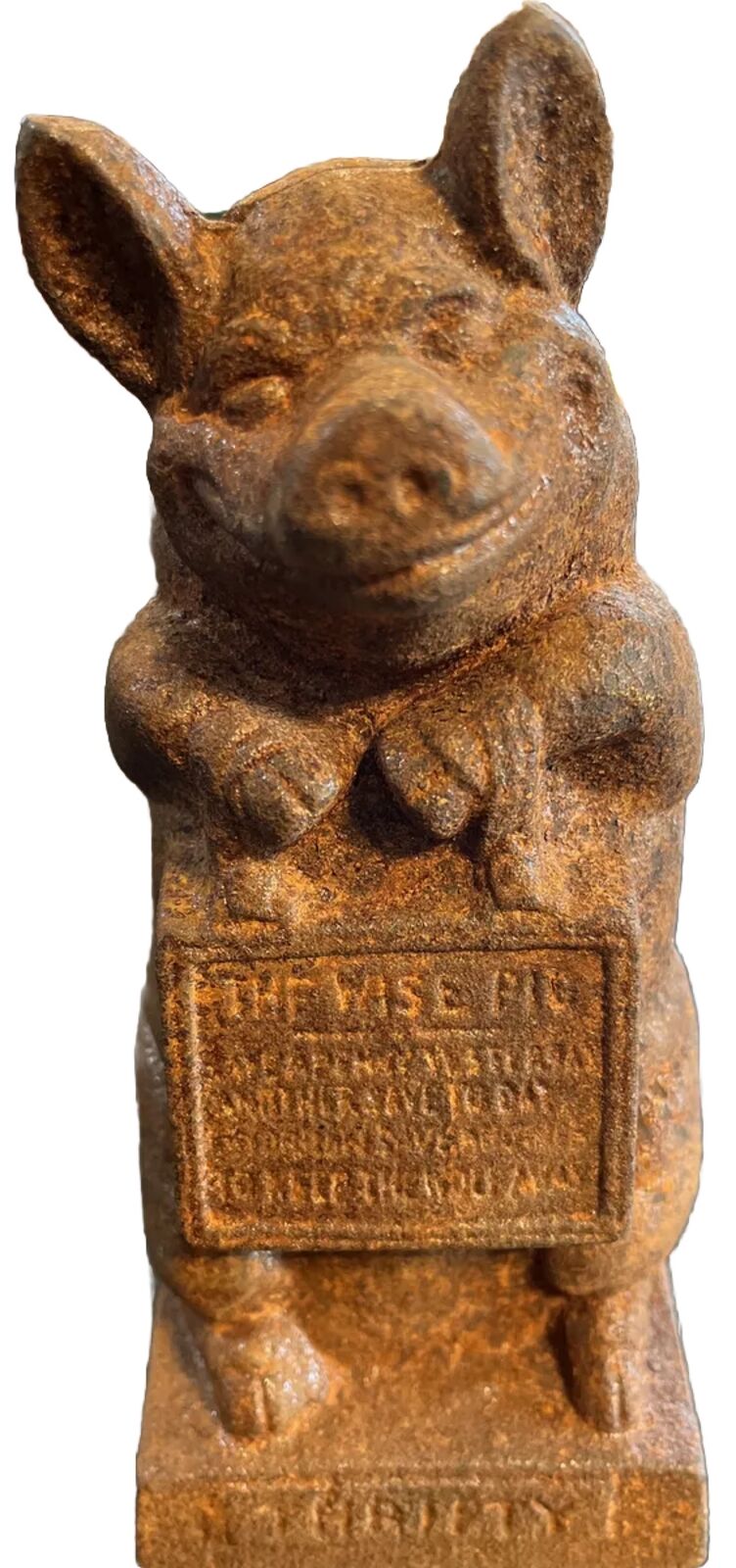 Vintage Cast Iron Piggy Bank Thrifty The Wise Pig Still Coin Bank