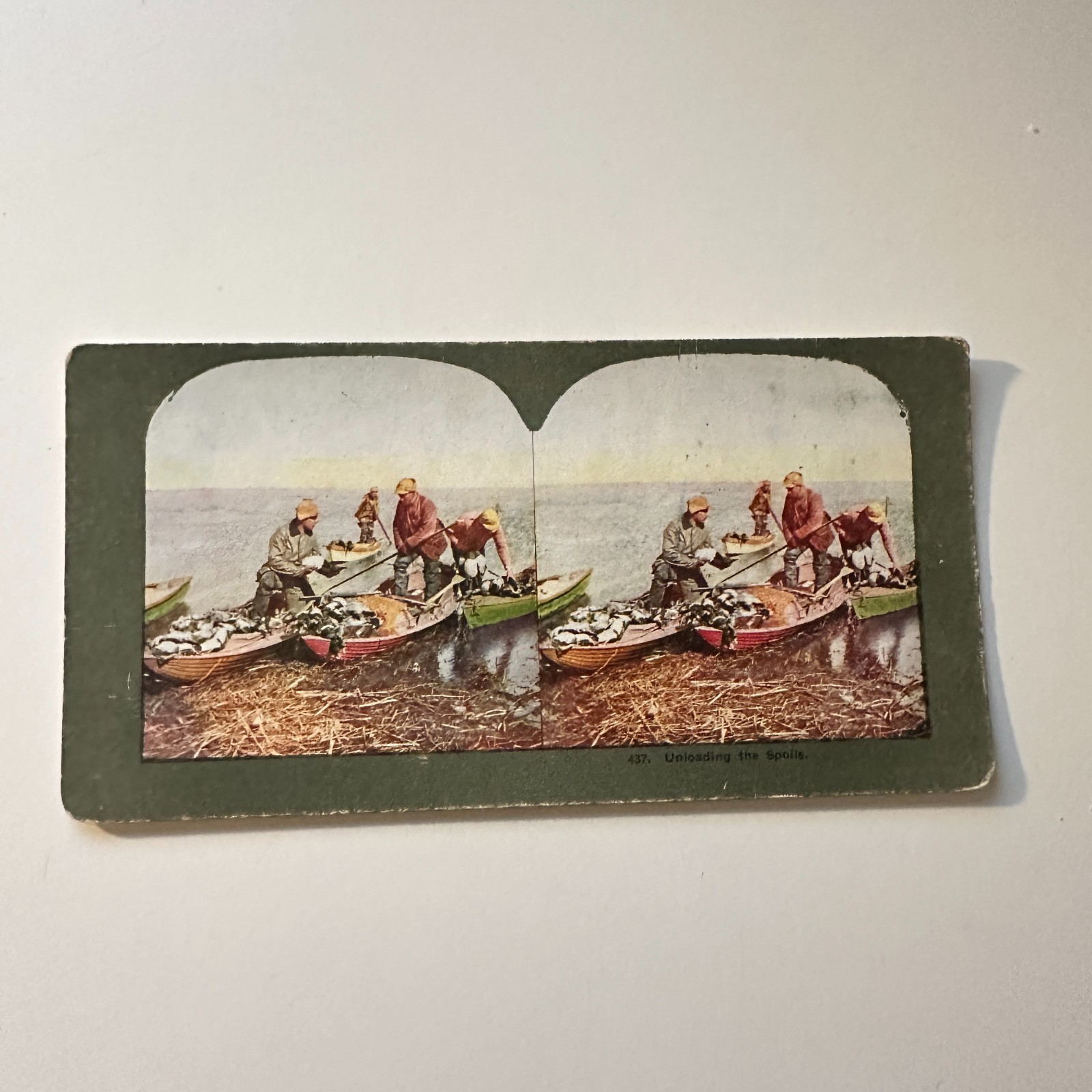 Unloading The Spoils Fishermen In Small Boats Antique Stereoview Card 5H6-3
