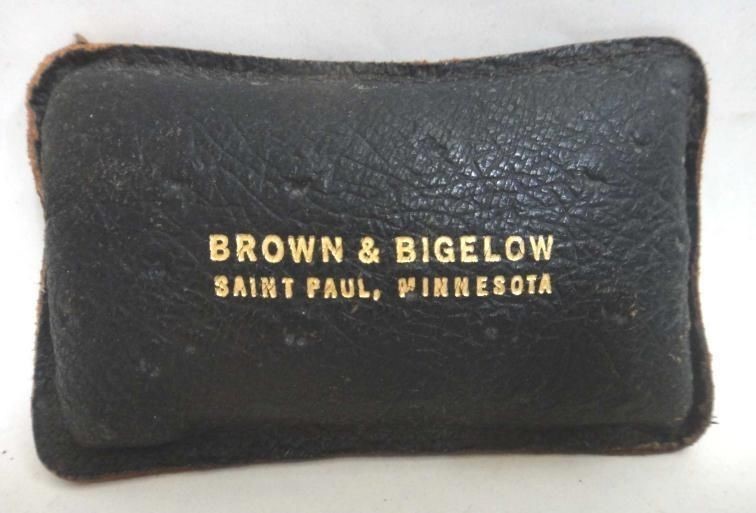 antique BROWN & BIGELOW LEATHER PAPER WEIGHT sandbag pin cushion