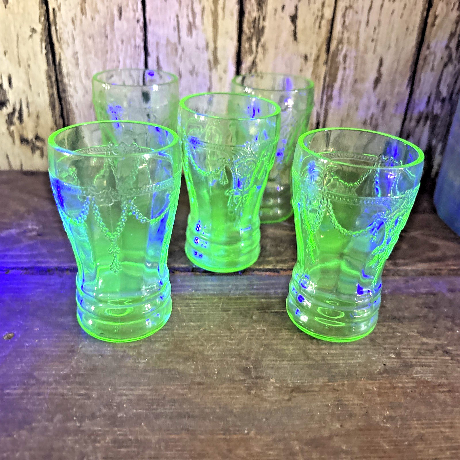 Vintage Depression Cameo Ballerina URANIUMN Green Set of 5 Juice Glassed 3.5\