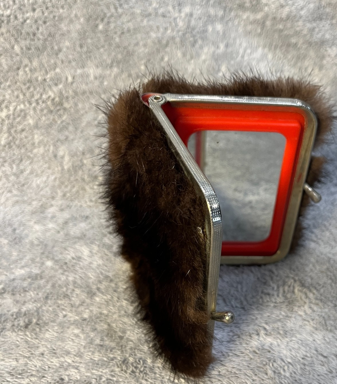Vintage Real Mink Fur Compact Mirror 60’s makeup mirror hollywood glam