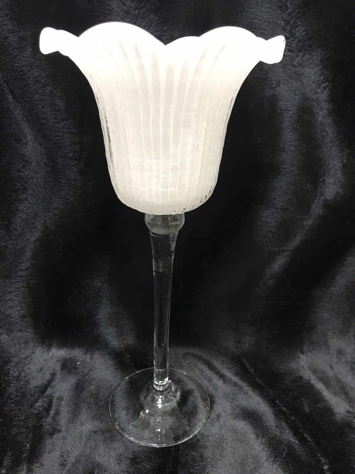 Long Stemmed Floral Candle Holder Vintage White Frosted Glass 12” Tall