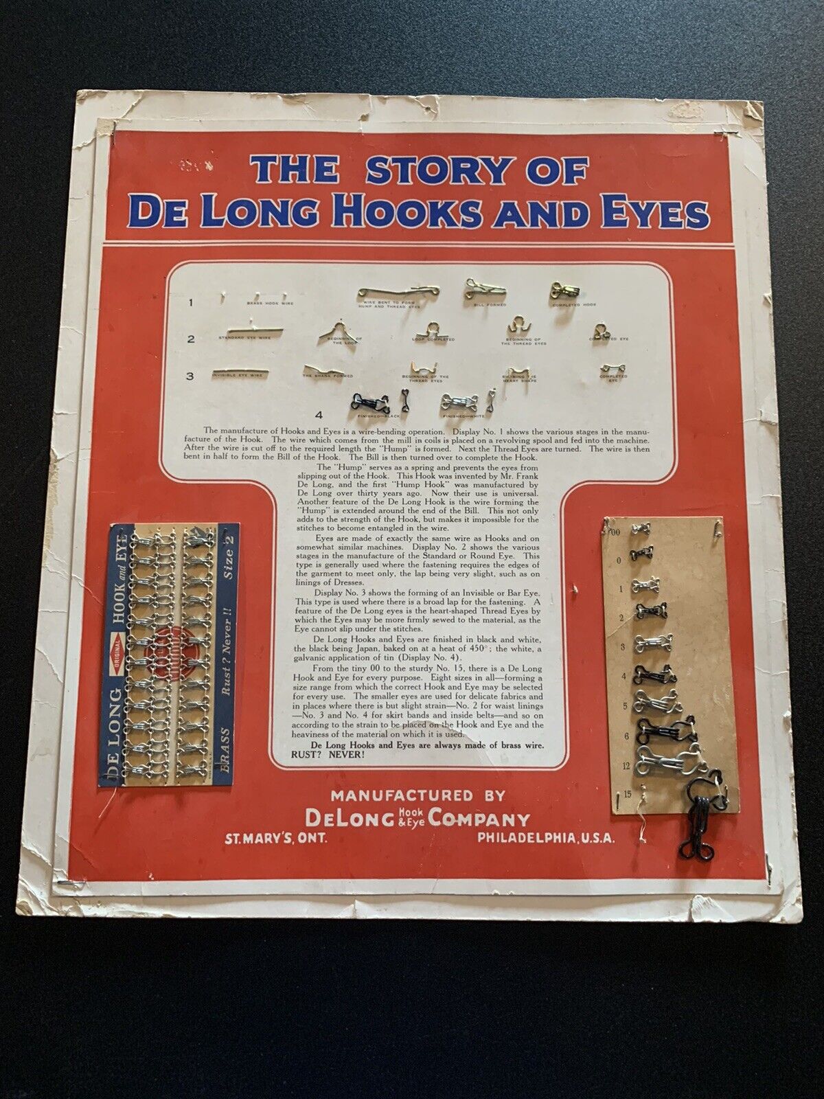 Vintage C. 1940’s DeLong Hooks and Eyes General Store Advertising Display Sign