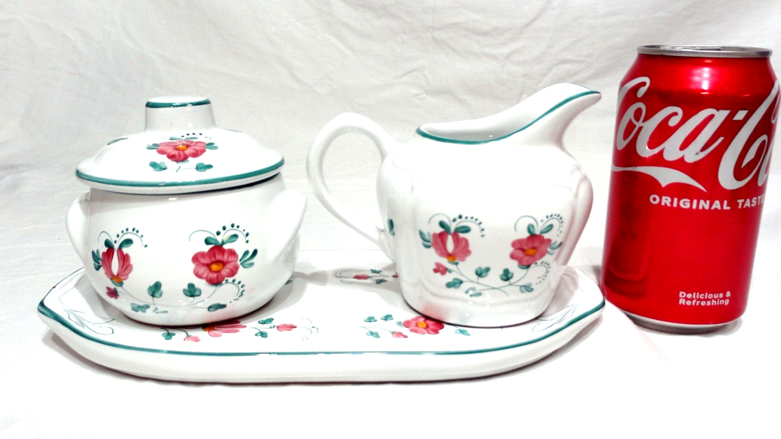 VINTAGE HEREND HUNGARY VILLAGE POTTERY PRIMROSE 4 PC TRAY, SUGAR & CREAMER SET