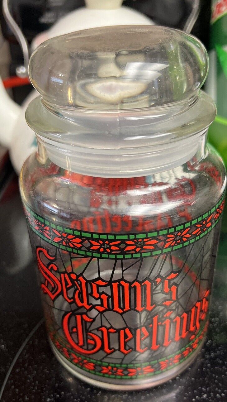 Vintage Houze SEASON'S GREETINGS Stained Glass Christmas Jar  7” Tall