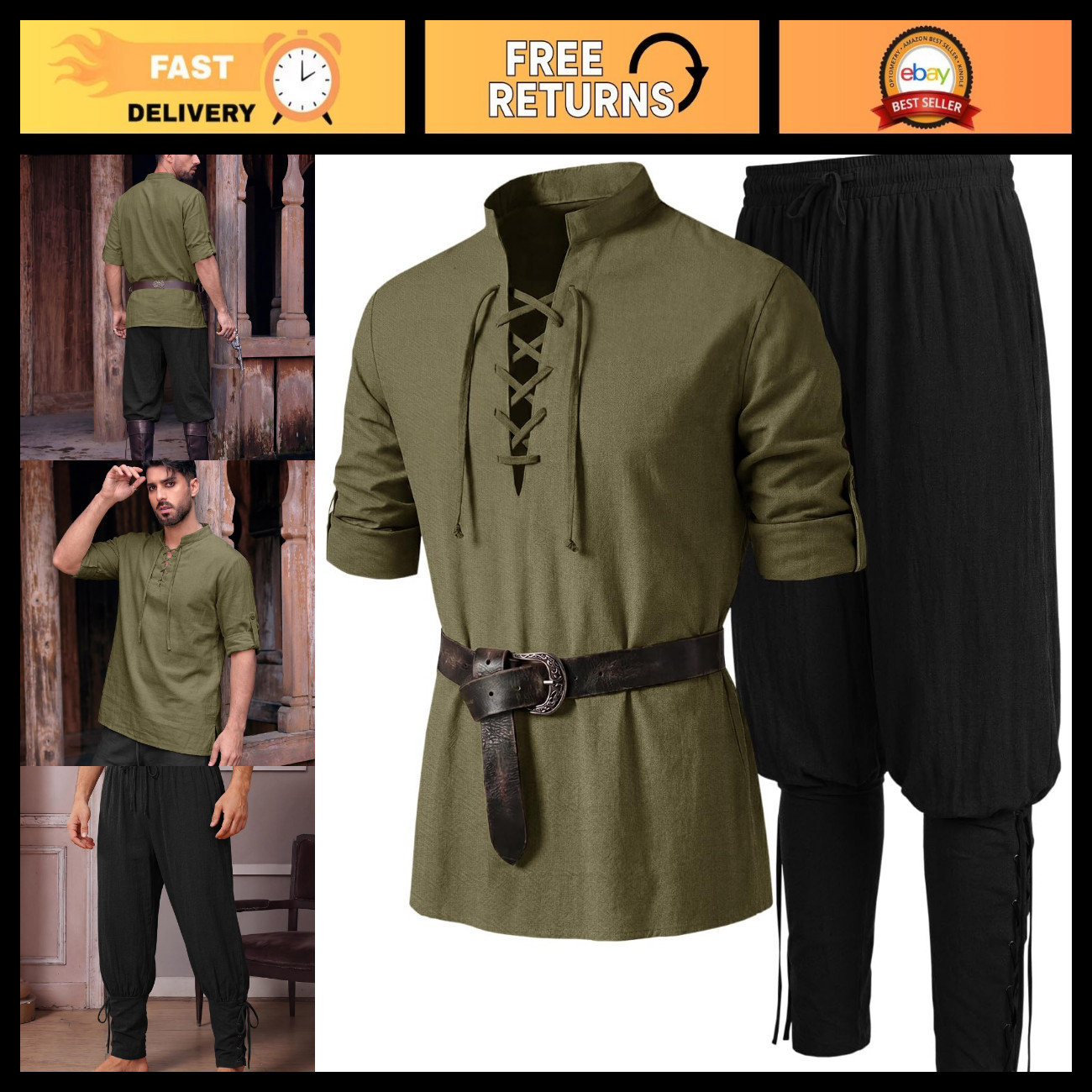 Runcati Mens Pirate Renaissance Medieval Viking 2‑Piece Costume Set