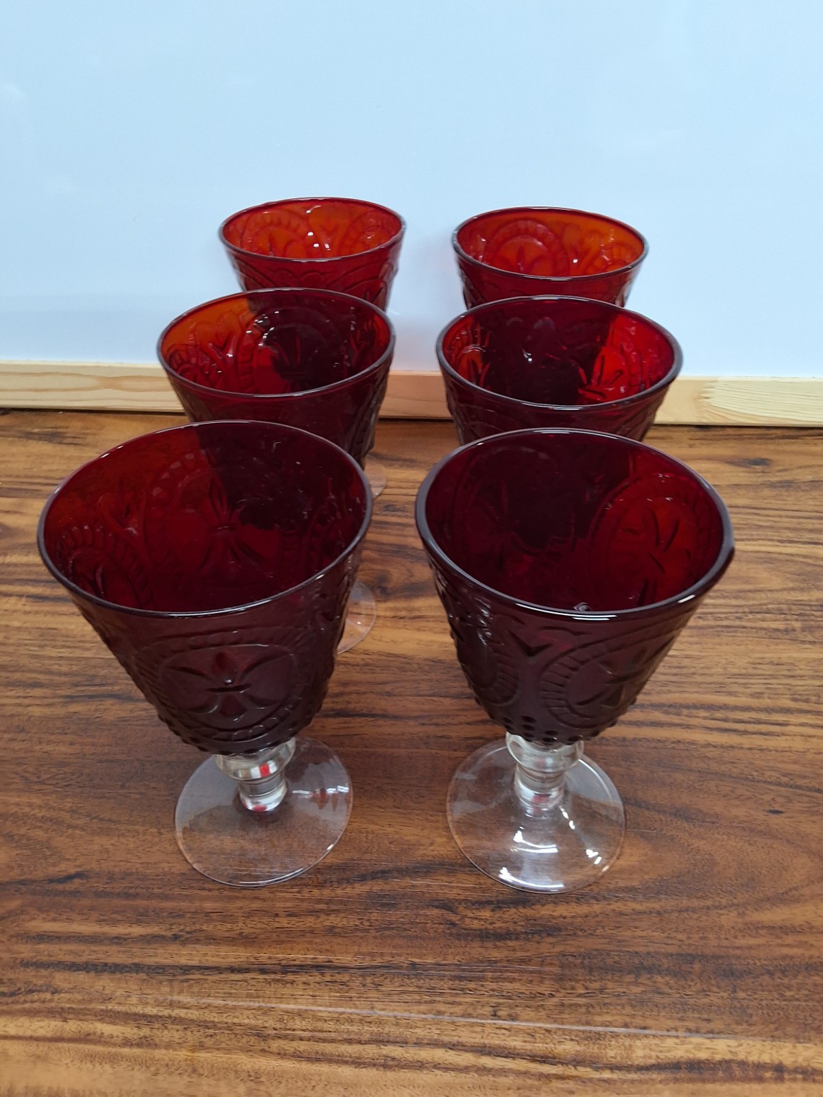 Vtg Ruby Red Stemmed Water/Wine Goblets Set Of 6 Molded Glass Christmas Dinner