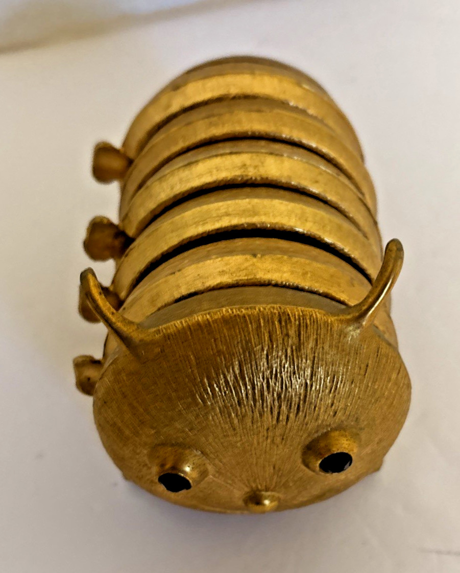 Vintage Mid Century Modern Gold Tone Metal CATERPILLAR 5 ASHTRAY Set