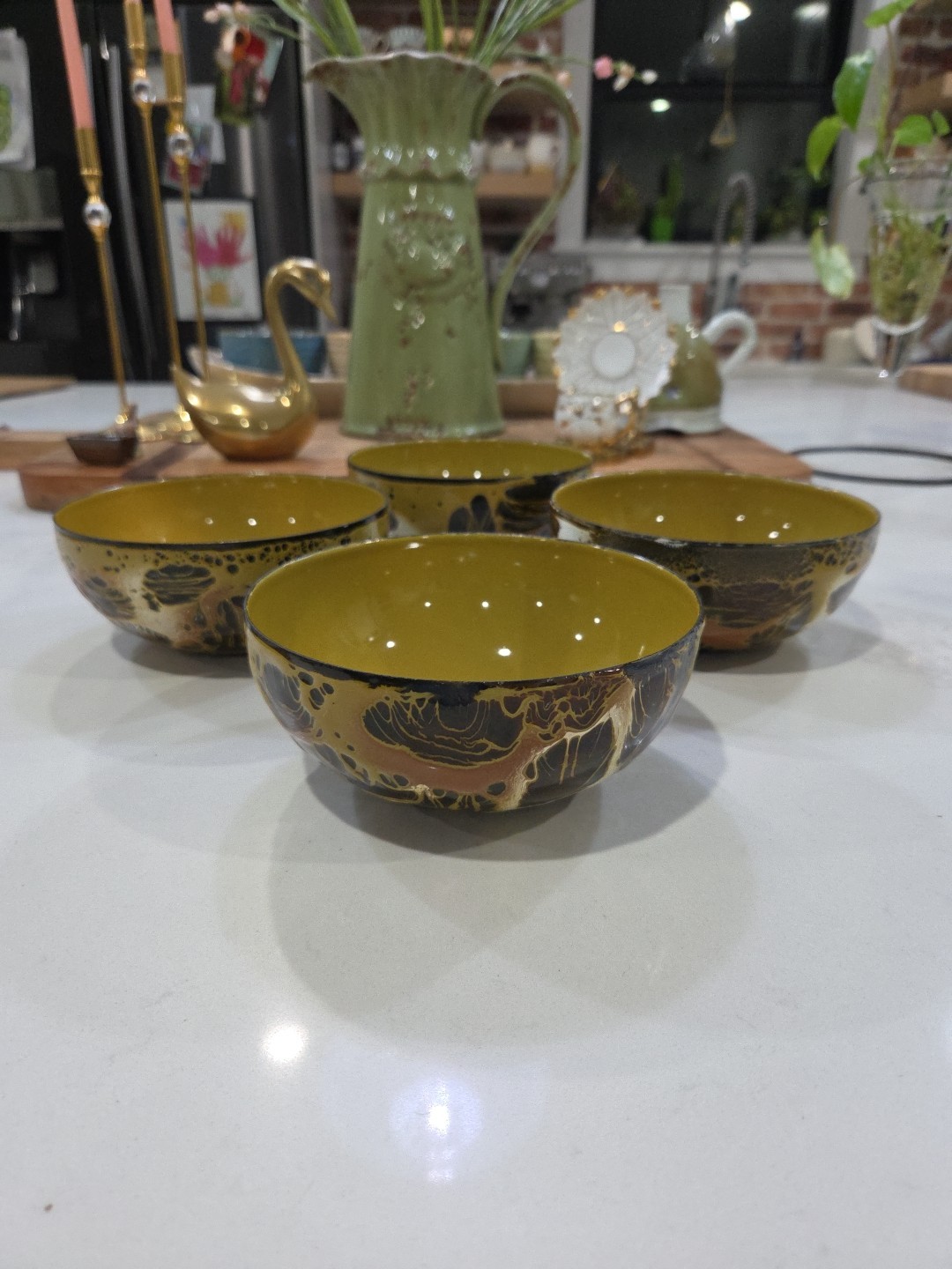 Vintage Set Of 4 60s Hanova of Pasadena Lava Glazed Enamel Steel Bowl MCM Decor