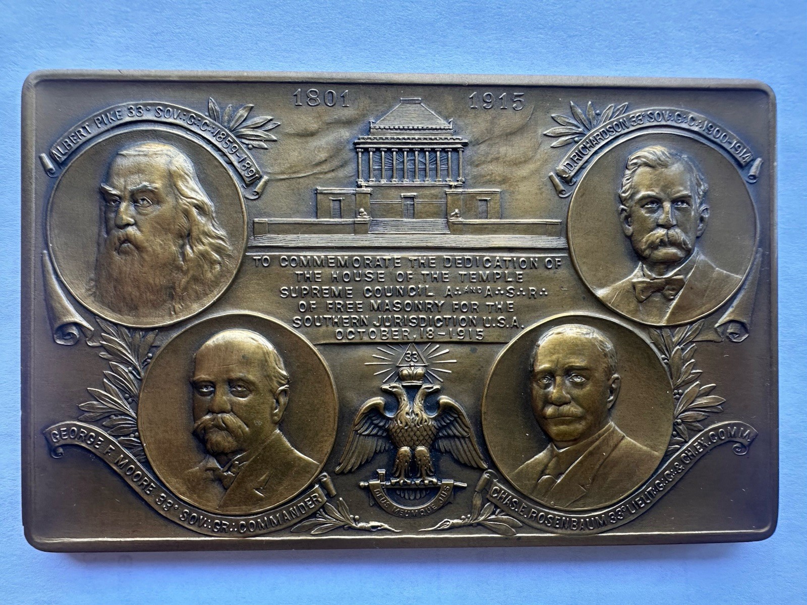 1915 Antique Bronze Plaque Scottish Rite Freemasonry Albert Pike 33° Masonic