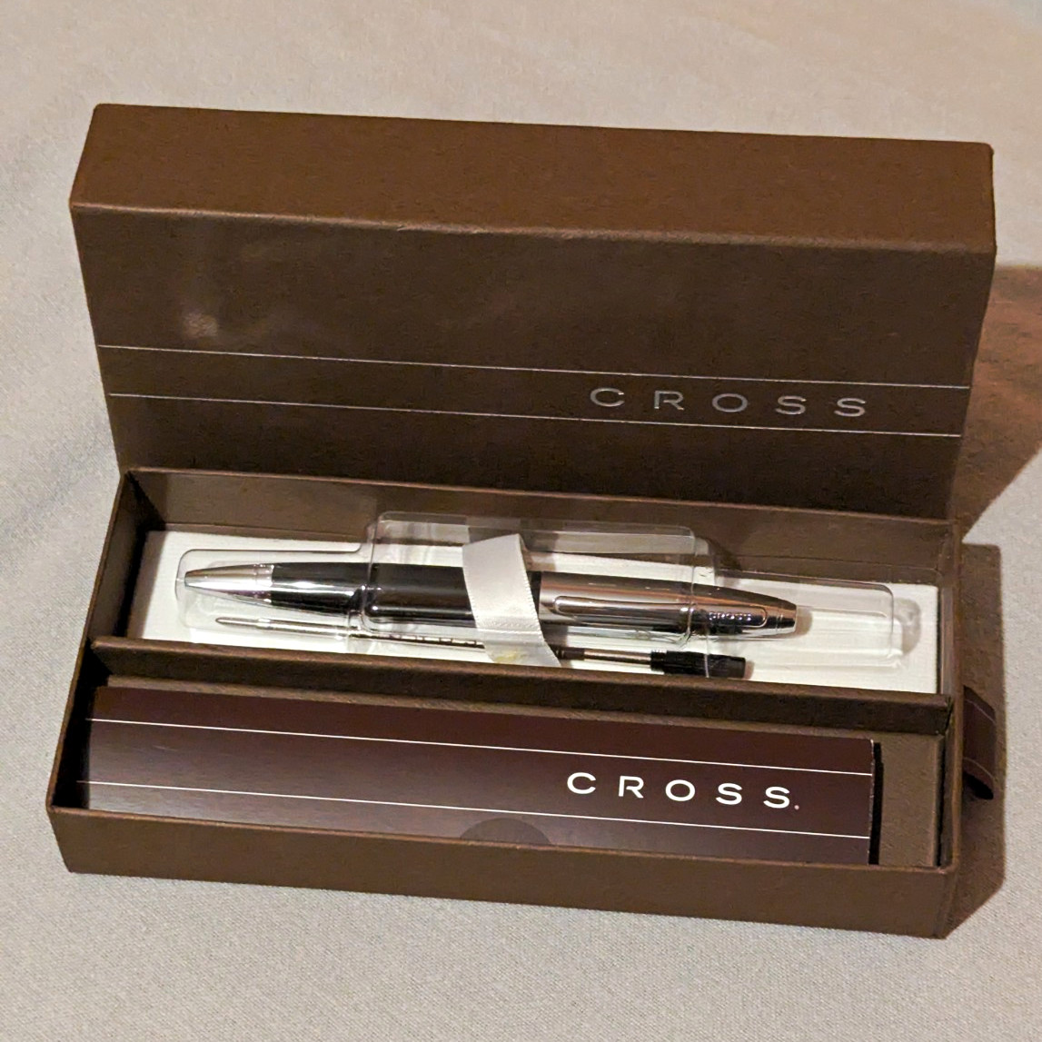 New In Box Cross Ballpoint Pen With Extra Refill Black & Silver Great Gift Idea