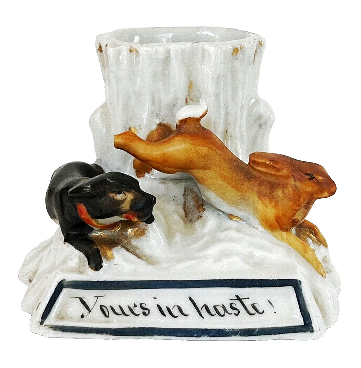 ANTIQUE STAFFORDSHIRE FIGURAL MATCH HOLDER HARE & HOUND YOURS IN HASTE