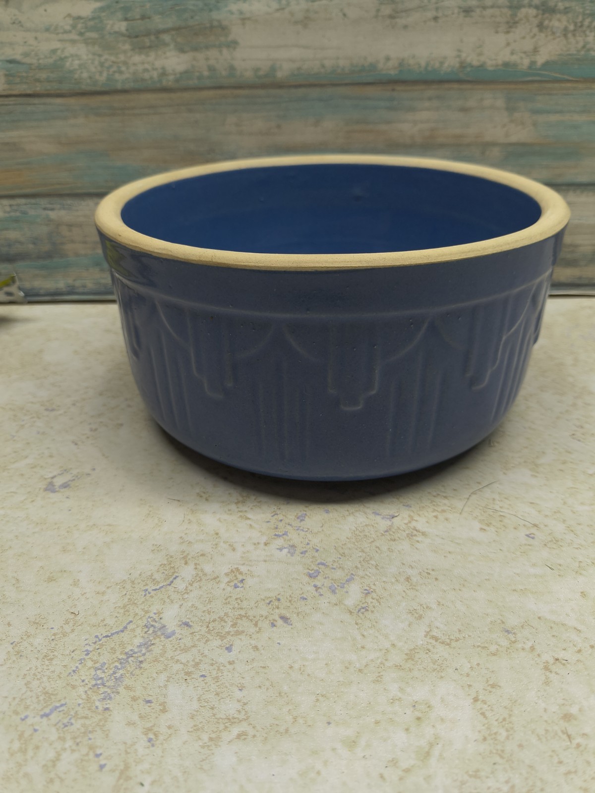 BEAUTIFUL BLUE STONEWARE PICKET FENCE CROCK