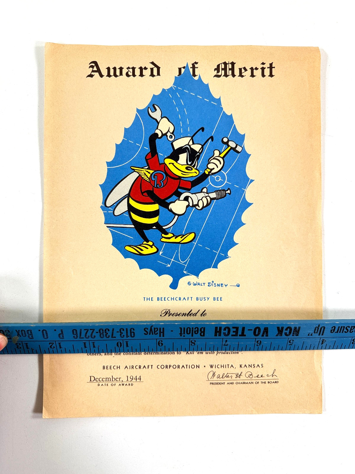 RARE 1944 Walt Disney Beechcraft Beech Busy Bee Award of Merit wichita ks ww2 RARE 1944 Walt Disney Beechcraft Beech Busy Bee Award of Merit wichita ks ww2