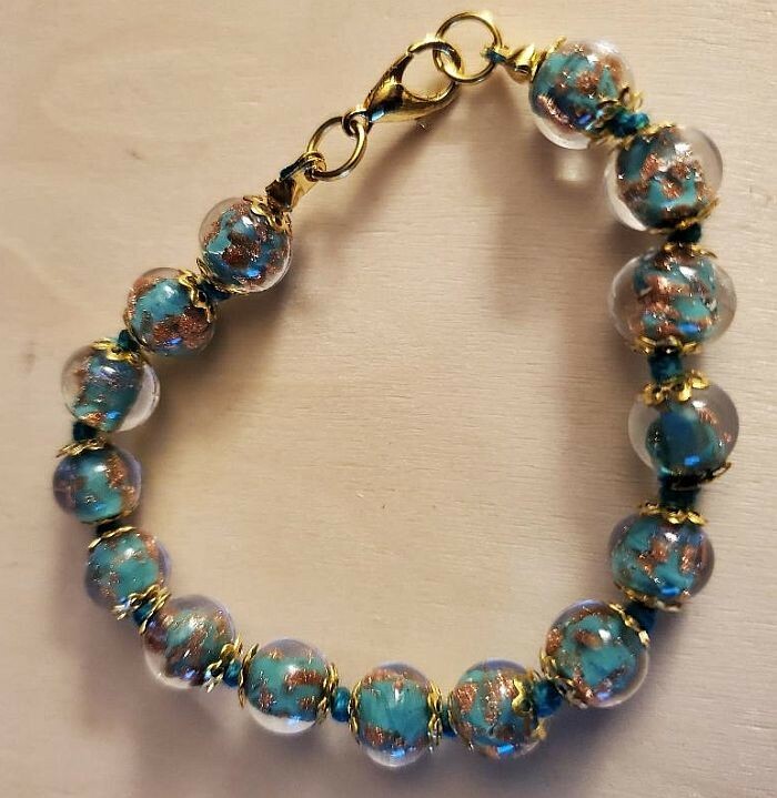 GENUINE MURANO 8mm GLASS BEAD BRACELET IN SHADES OF GREEN AND COPPER