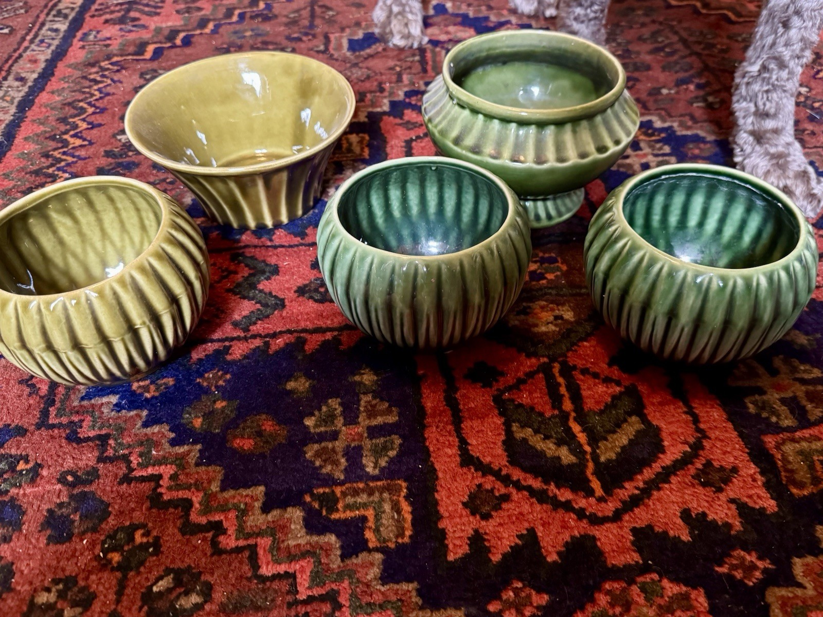 Mid Century American Bisque Round Green Planters Lot of 5