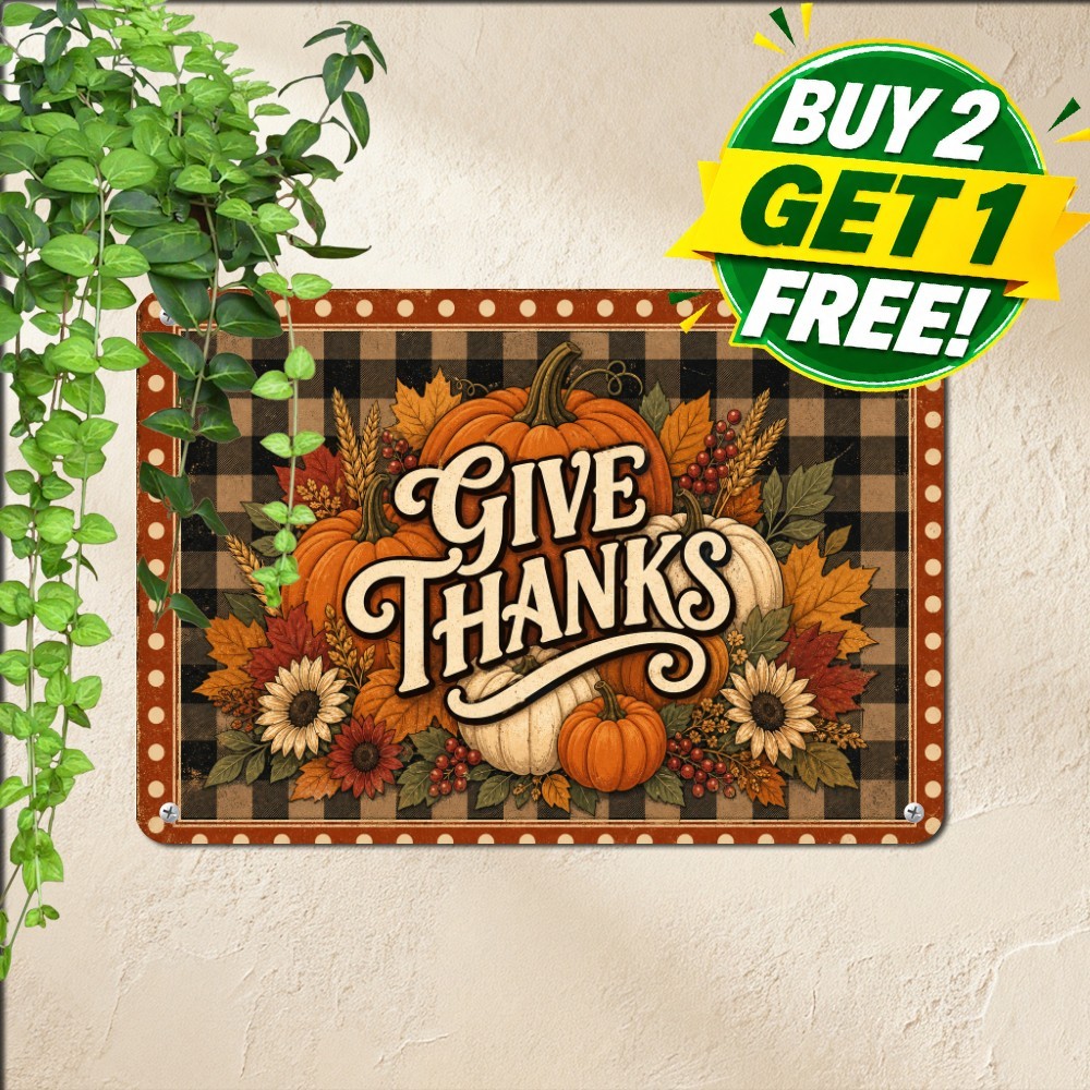 Give Thanks Pumpkin Harvest Plaque Rustic Autumn Round Metal Tin Sign 8x8 Art