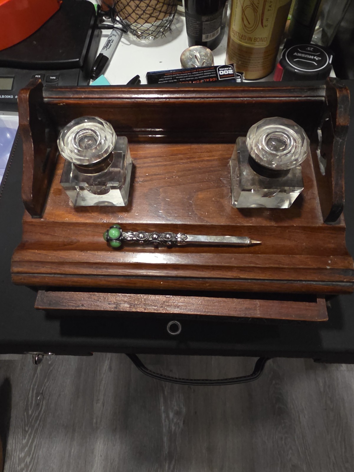 Antique Oak Double Inkwell Desk Standish Carved Drawer & Bottles C.1900 W/ Pen