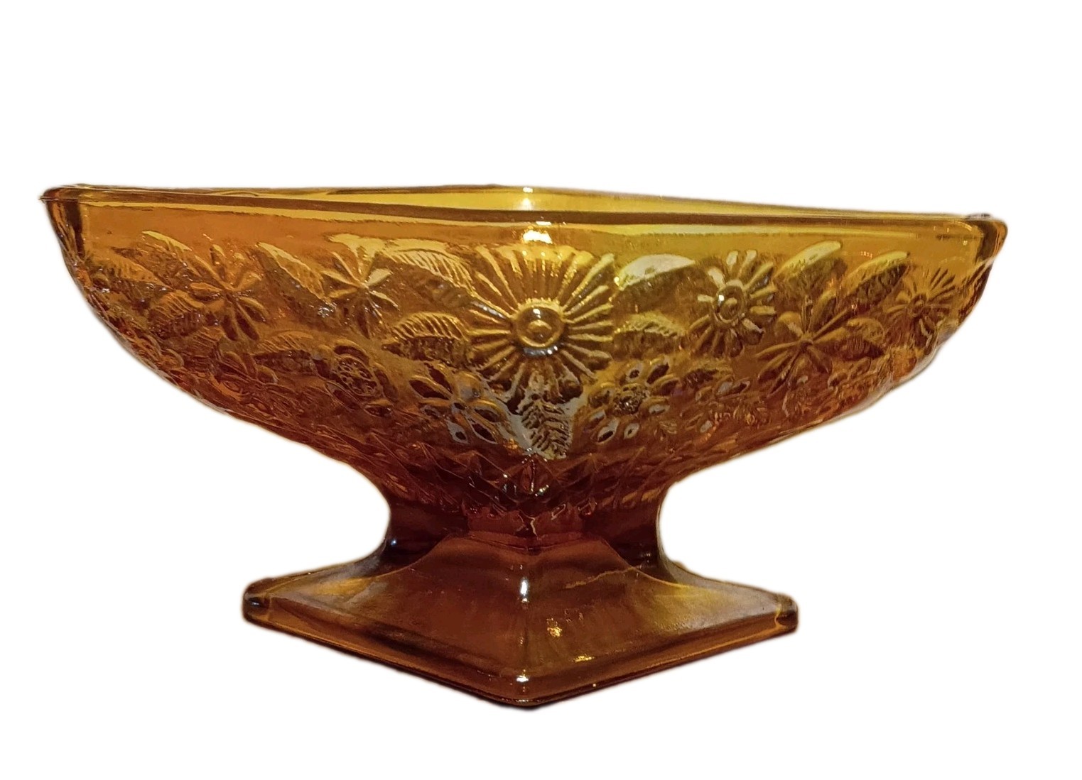 Vintage Carnival Glass Candy Dish Iridescent Marigold Pedestal Bowl Floral