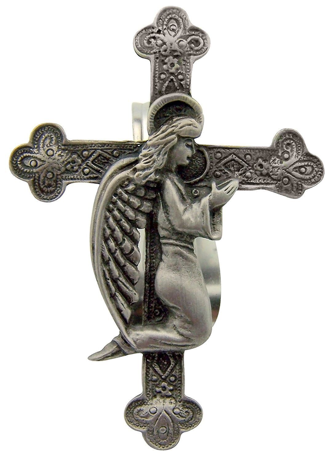 Pewter Gothic Cross with Praying Angel Pewter Auto Car Visor Clip, 2 5/8 Inch