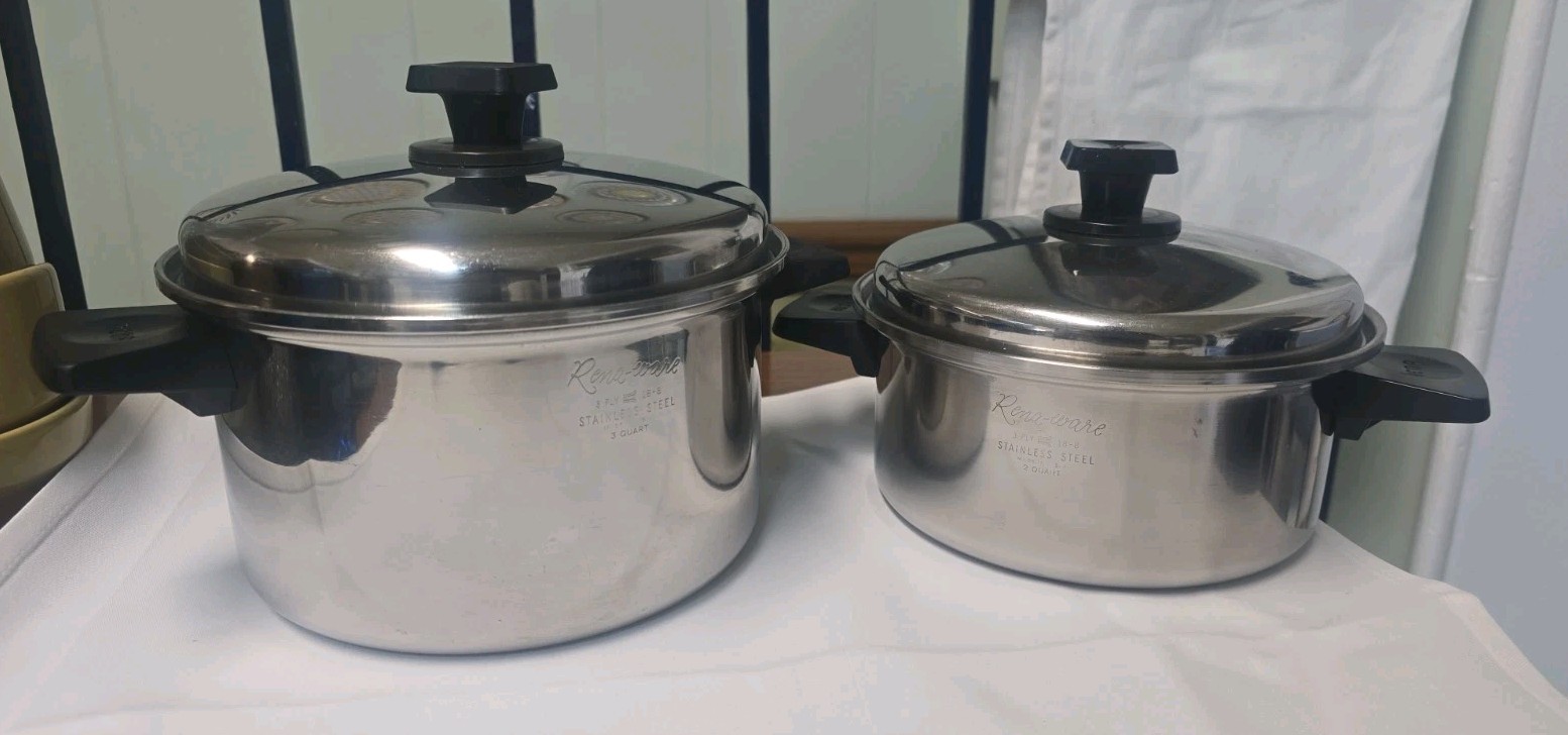 2 Rena-Ware 3, 2 Qt Pot Pan W Lids 3 Ply 18/8 Stainless Steel Made In USA