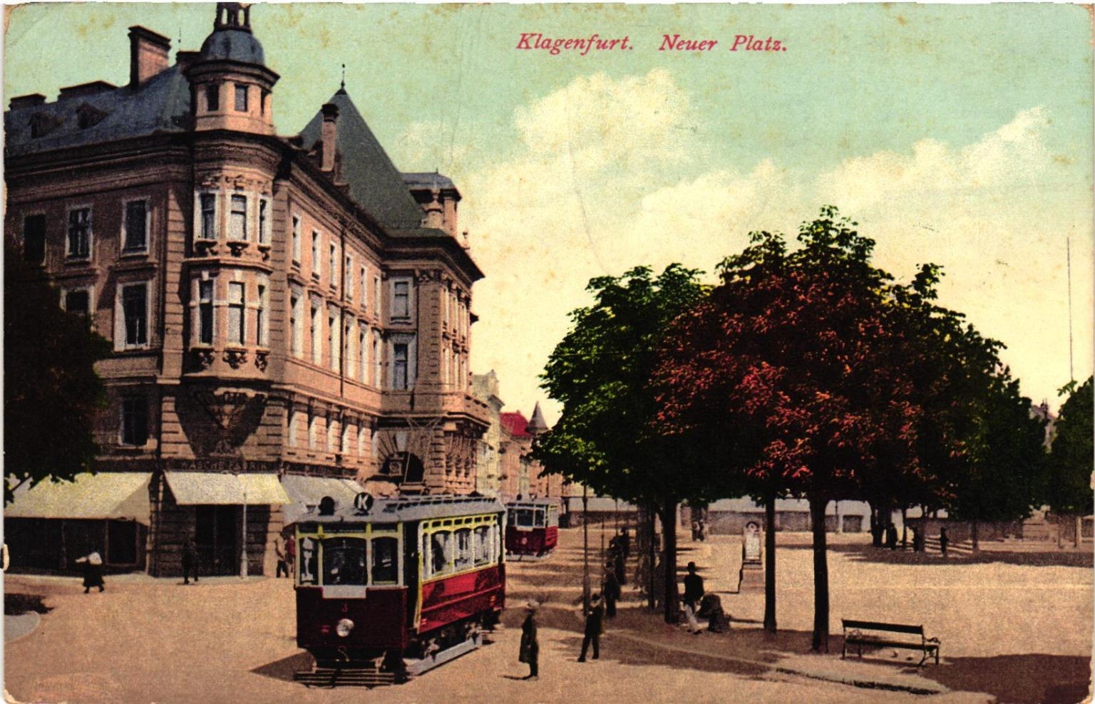 Klagenfurt Neuer Platz Austria Postcard 1907 Tram Trolley Street Scene