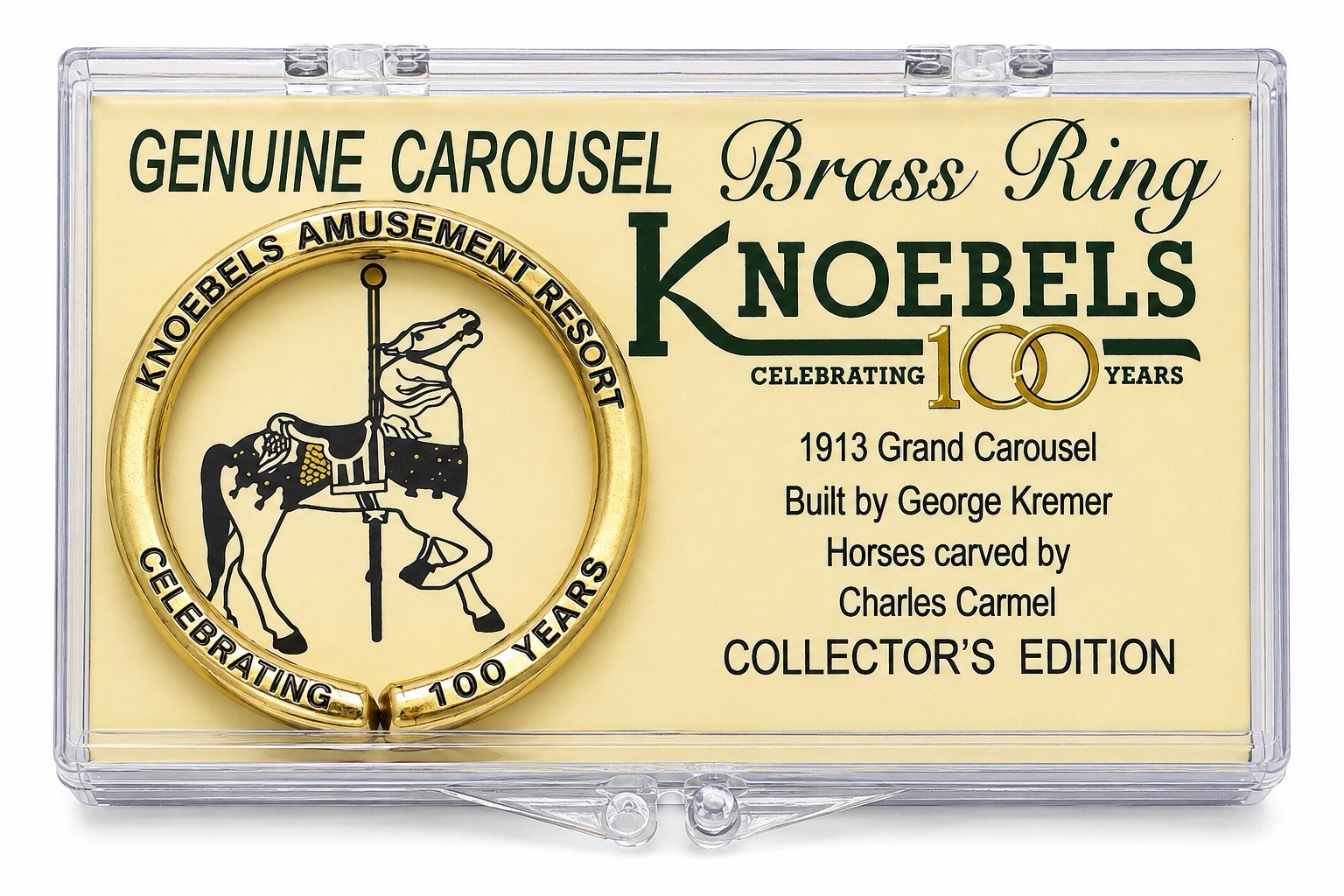 Knoebels Amusement Park 100th Anniversary Genuine Carousel Brass Ring & Souvenir