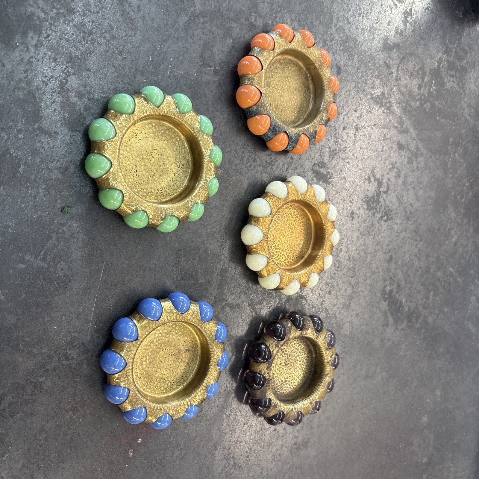 VTG 1930’s FISHER Jewel Tray VITRO Agate/ Marbles Brass Tray set of 5