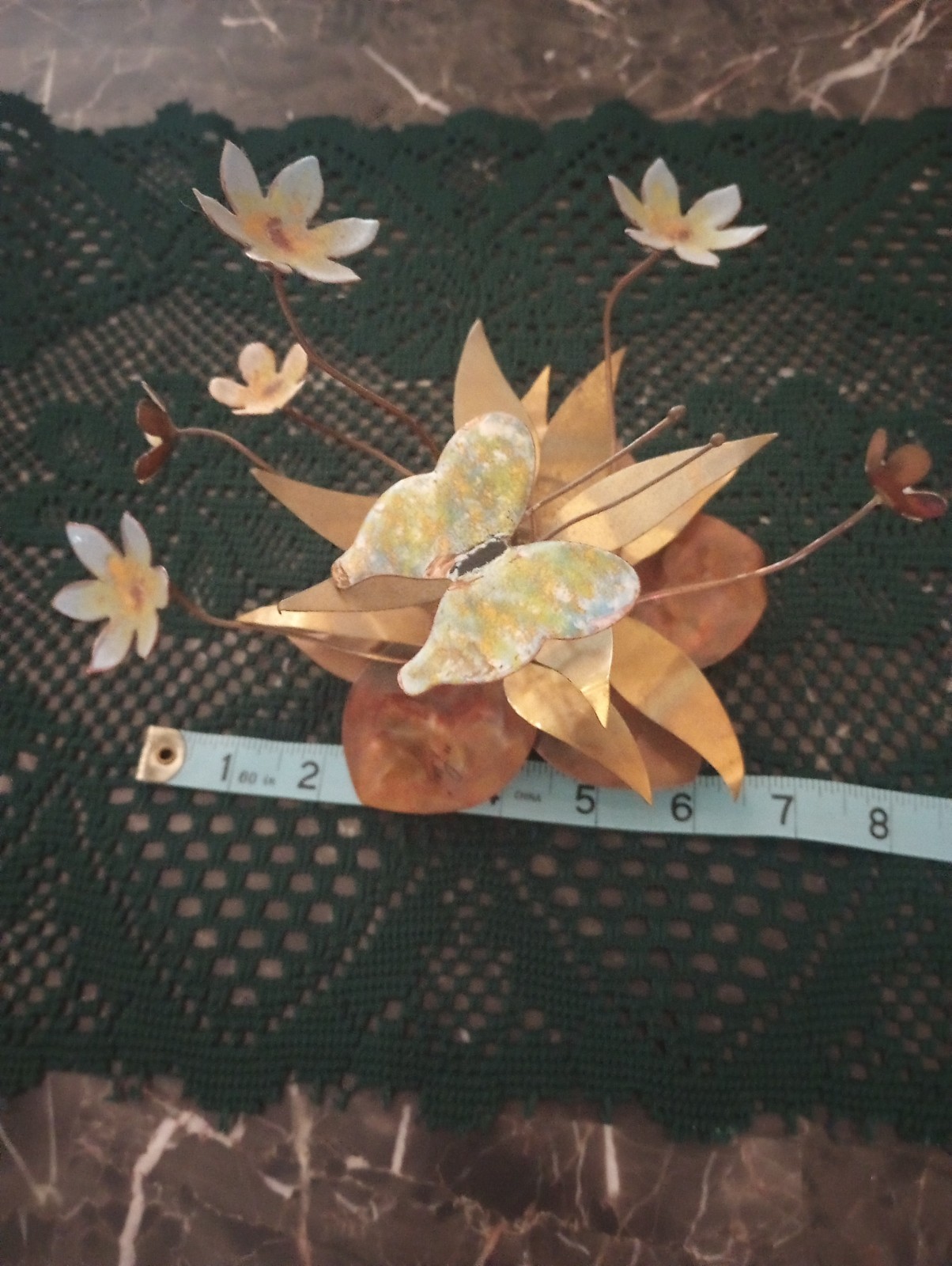 Vtg Signed Metal Enamel Toleware Flower Floral table top Butterfly 70s 