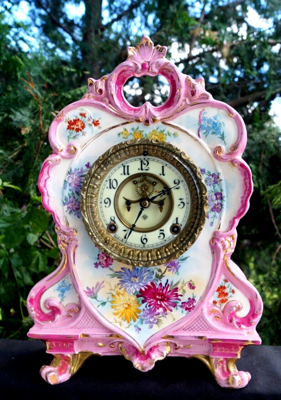 Antique 1898 Ansonia Model 504 Porcelain Royal Bonn Mantle Clock - VIDEO - RUNS