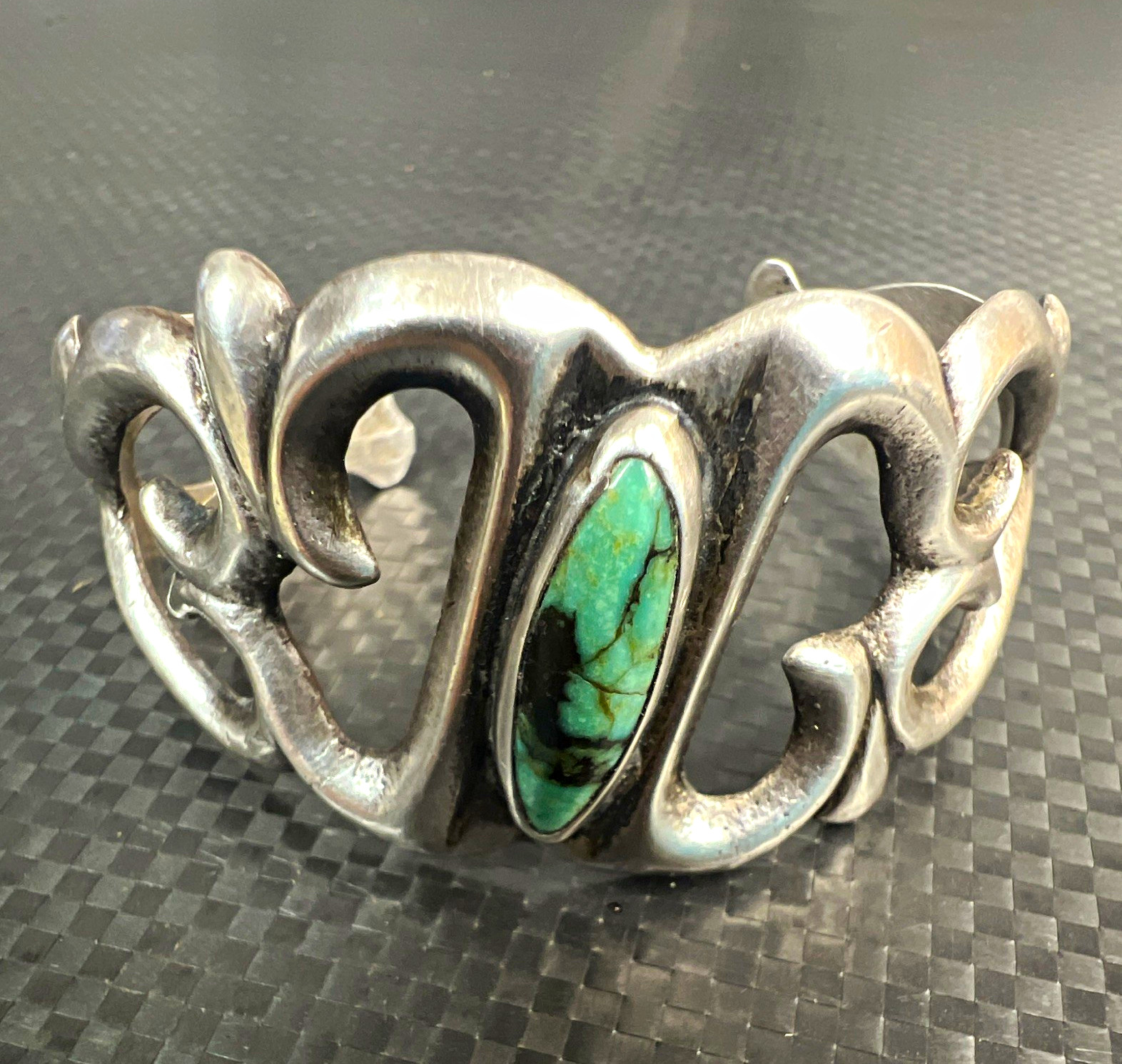 Vintage Navajo Sterling Silver Turquoise Sandcast Openwork Cuff Bracelet 37.1g