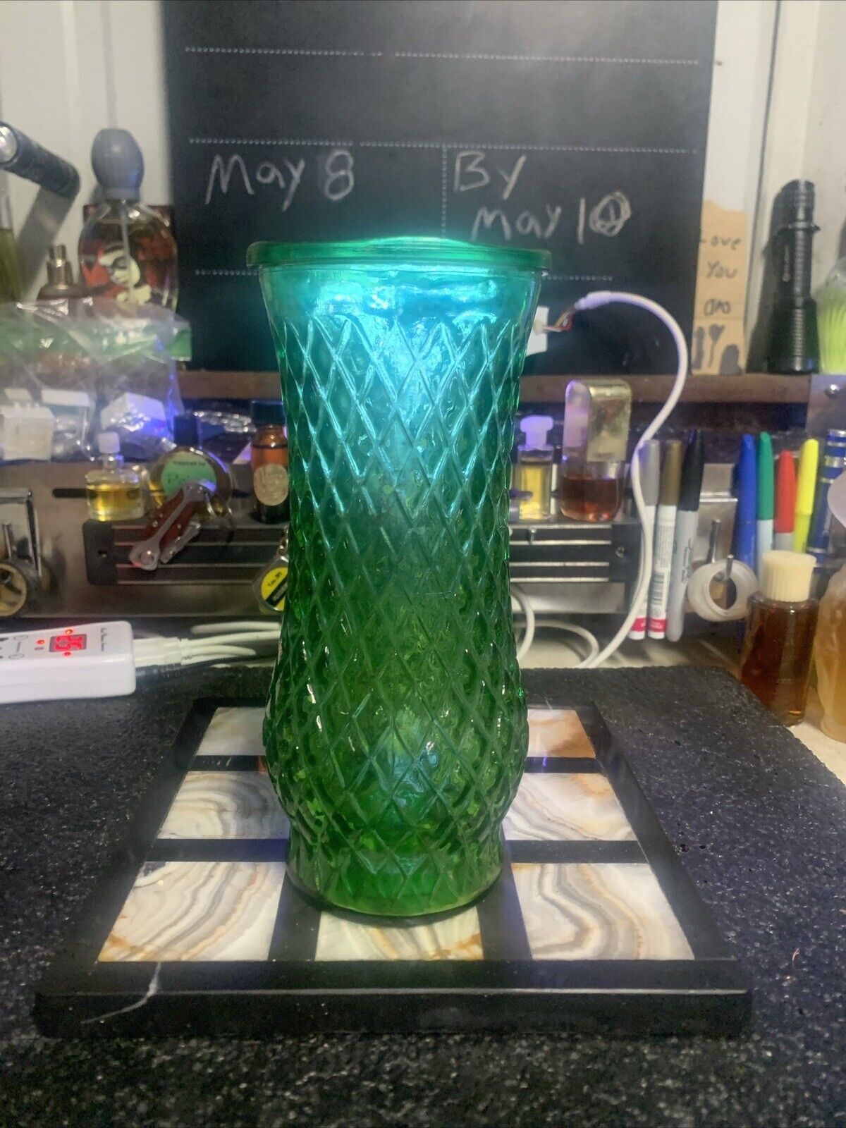 Vintage Emerald Green CFG  Glass Vase Diamond Cut Pattern Ruffle Edge Top