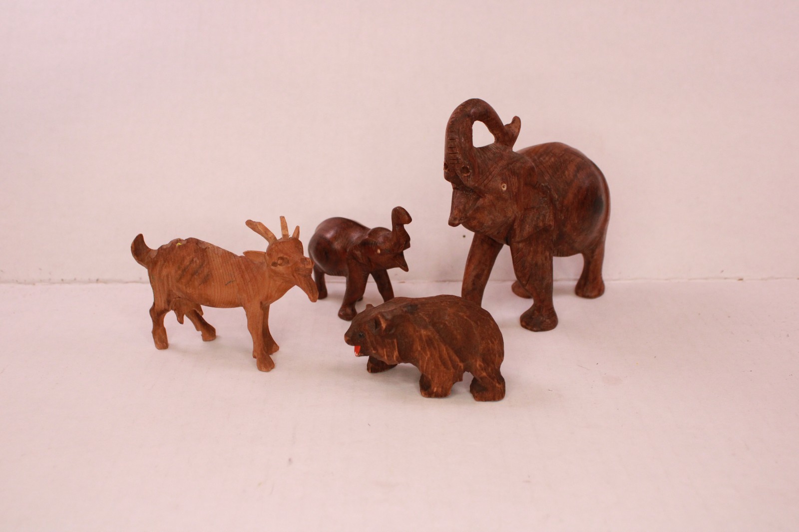 Miniature Hand Carved Wooden Animal Figurines Lot Elephant Bear Goat 4 Pc
