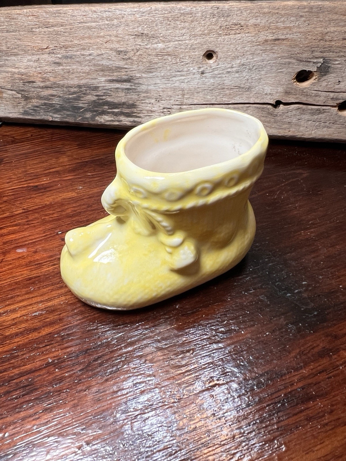 VTG Ceramic Baby Infant Shoe Bootie Planter Circa 1950s Yellow Glazed Vase