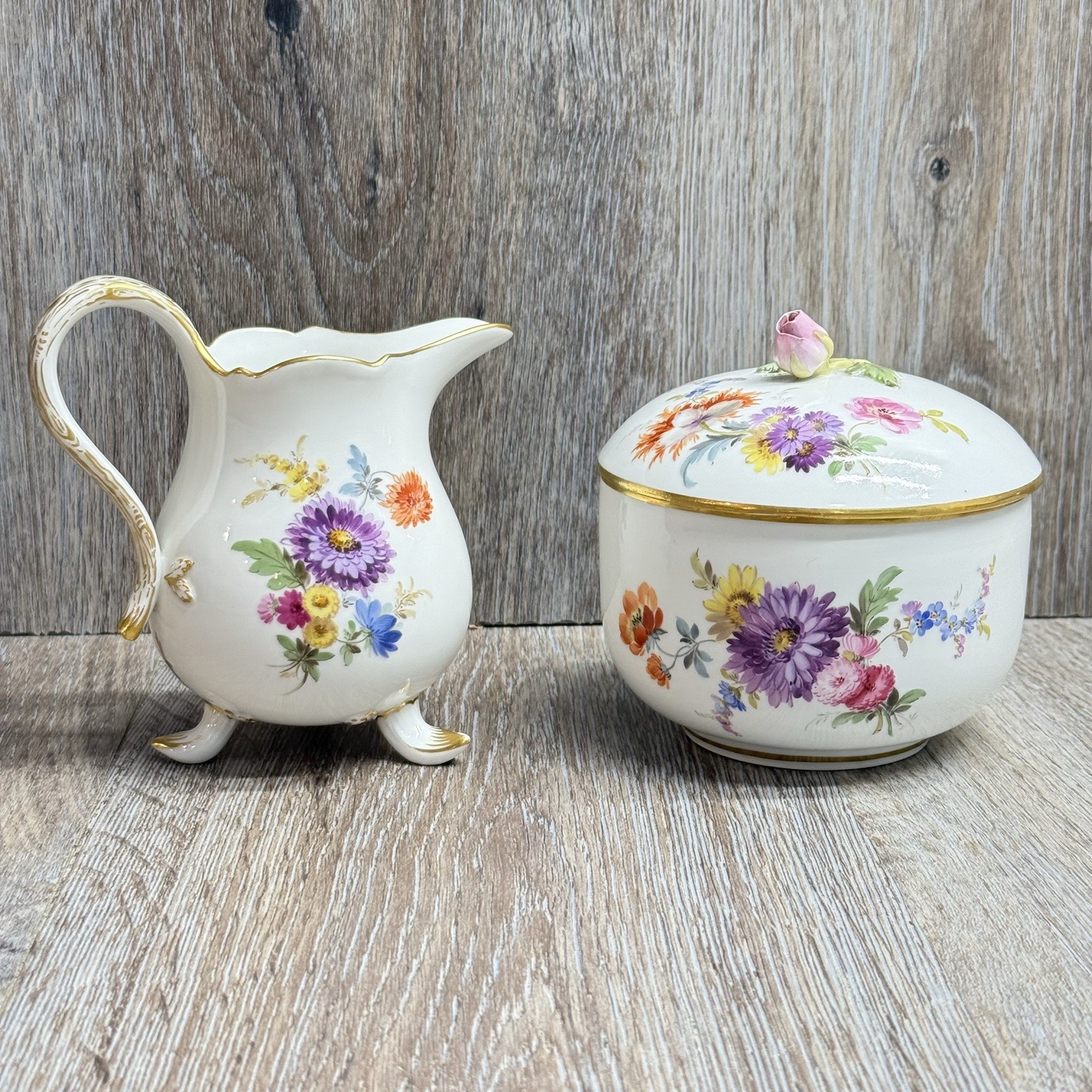 Meissen Porcelain Creamer & Covered Sugar Bowl Set 1924-34 Bunte Blume Floral Meissen Porcelain Creamer & Covered Sugar Bowl Set 1924-34 Bunte Blume Floral